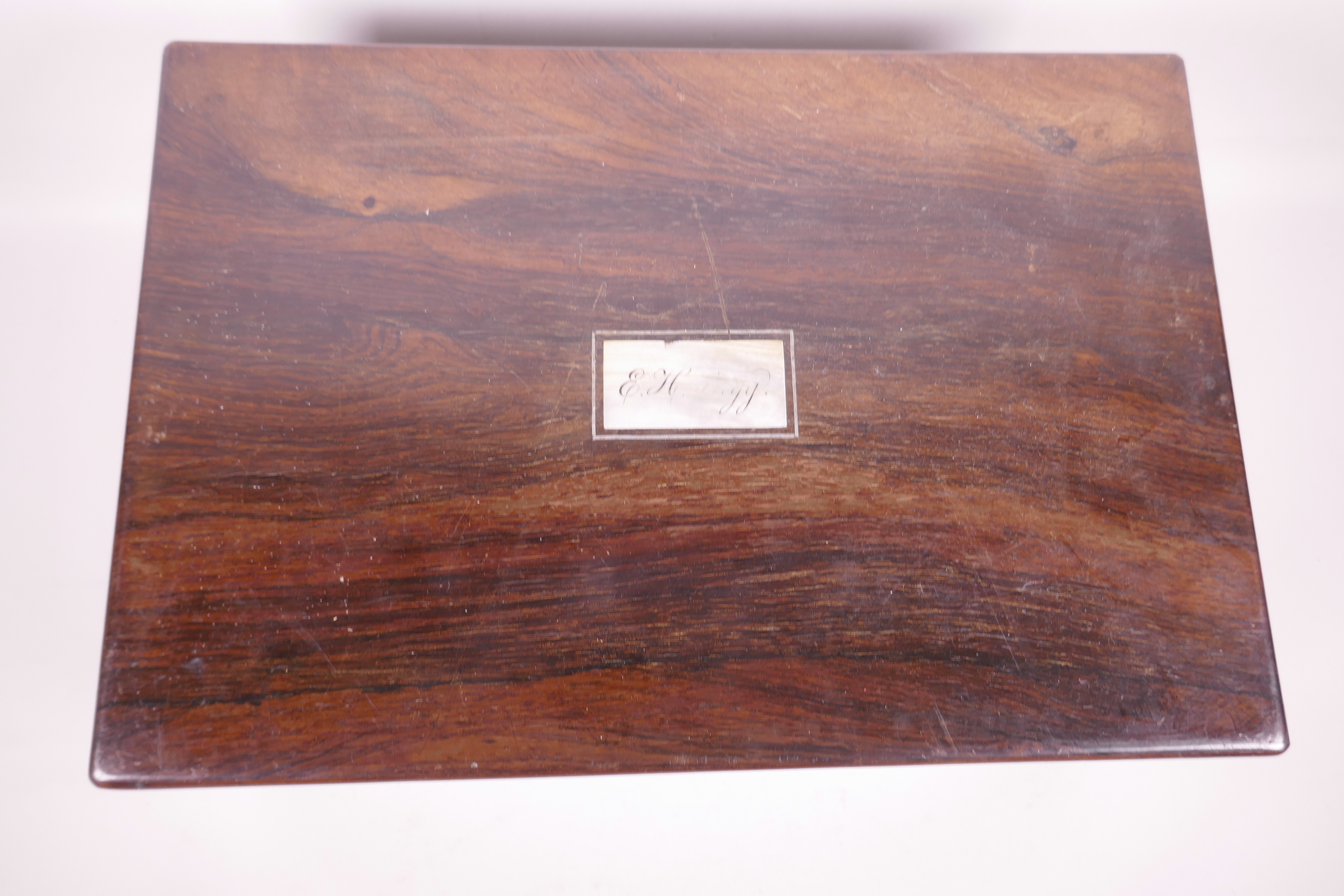 A C19th rosewood writing slope, with mother of pearl plaque to lid, the fitted interior with two - Image 2 of 7