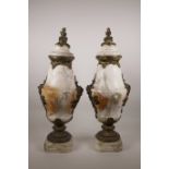 A large pair of white marble cassoulets with bronze swags and floral mounts, 22" high