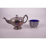 A silver plate teapot with floral swag decoration, together with a silver plated pierced bonbon dish