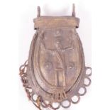 A West African bronze tobacco pouch, the sliding lid cast with a figure, 9" long