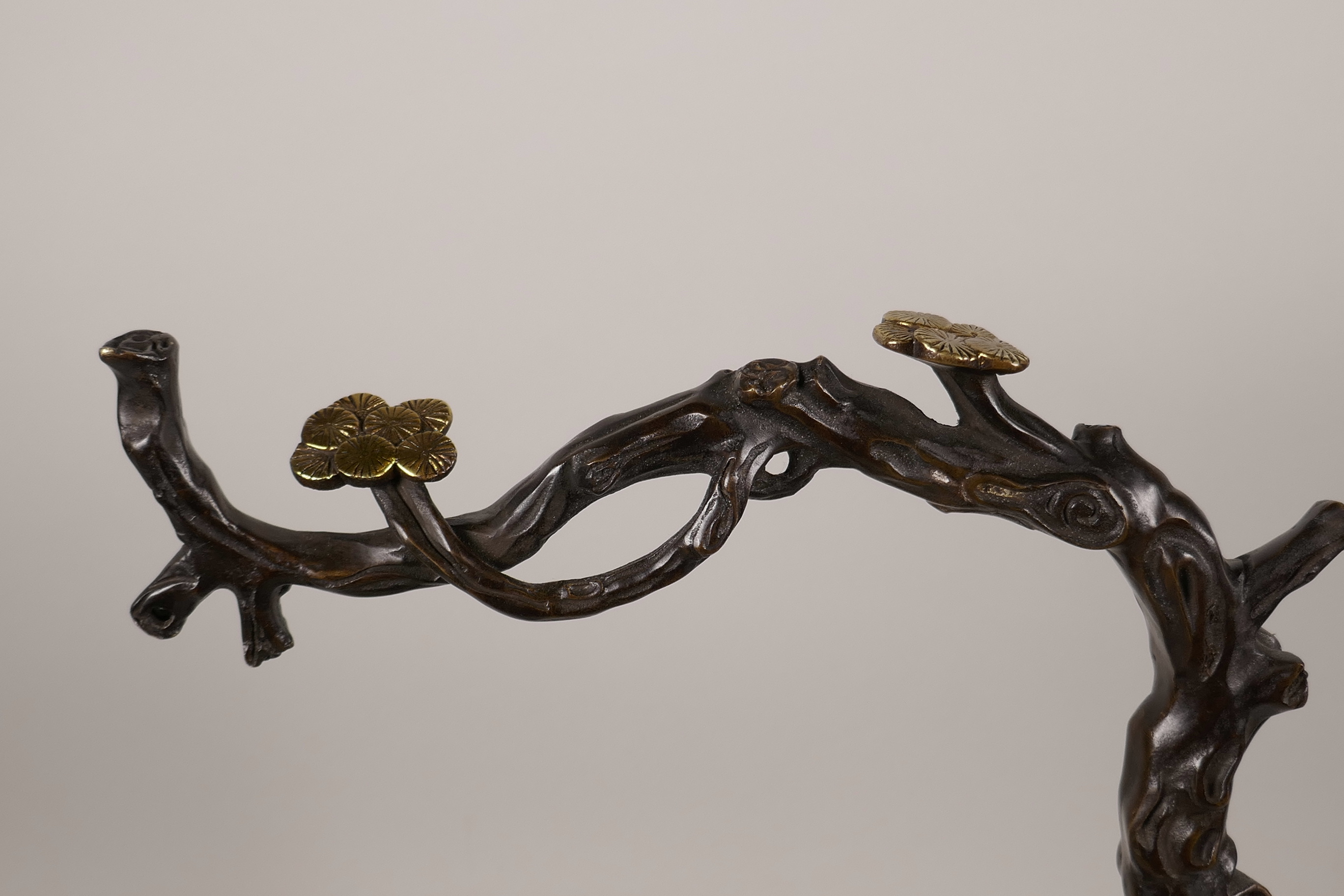 An Oriental bronze of a prunus tree with gilt blossom, 15" high - Image 2 of 5