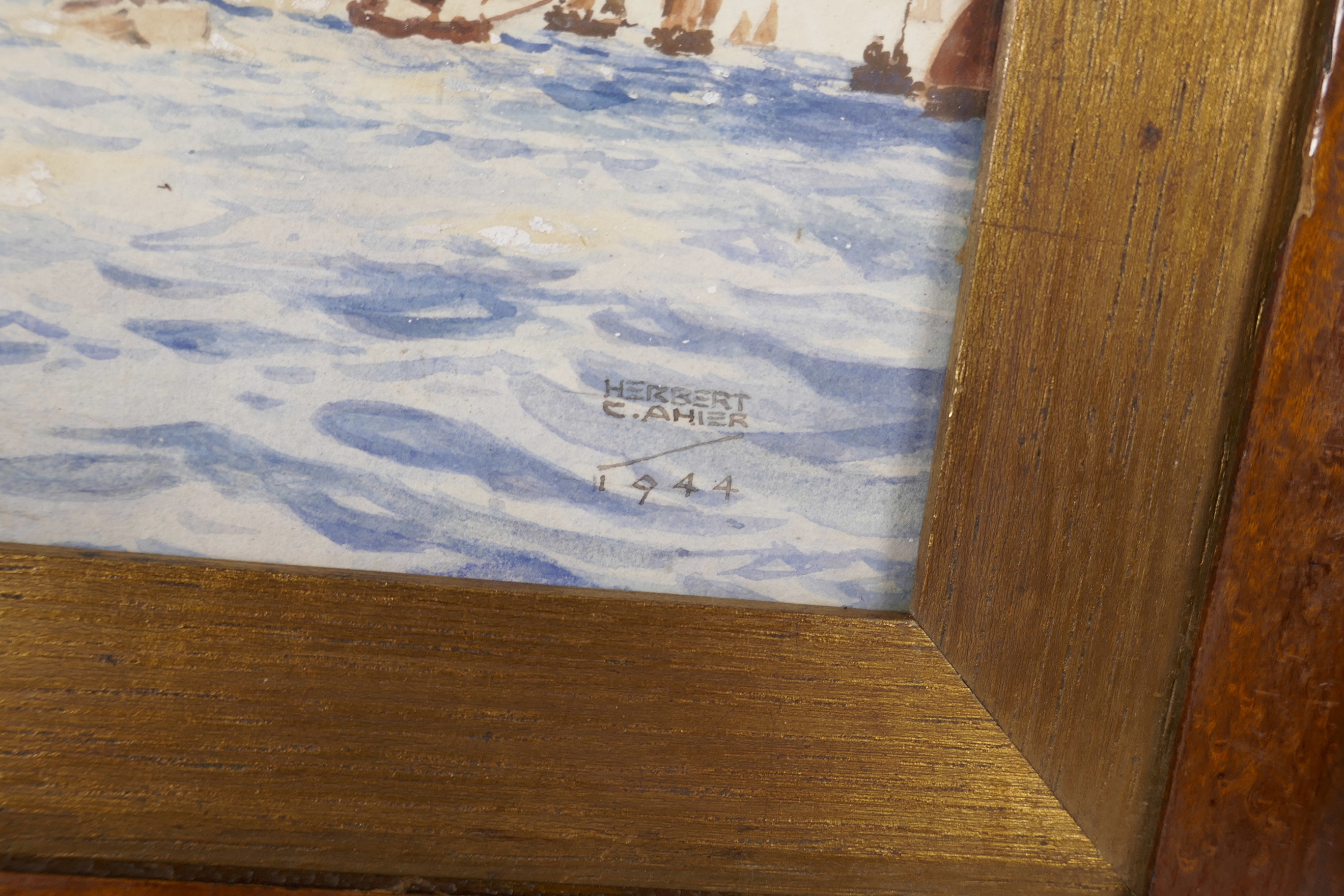 A maplewood framed watercolour, English man-o-war and other shipping off the coast, indistinctly - Image 3 of 3