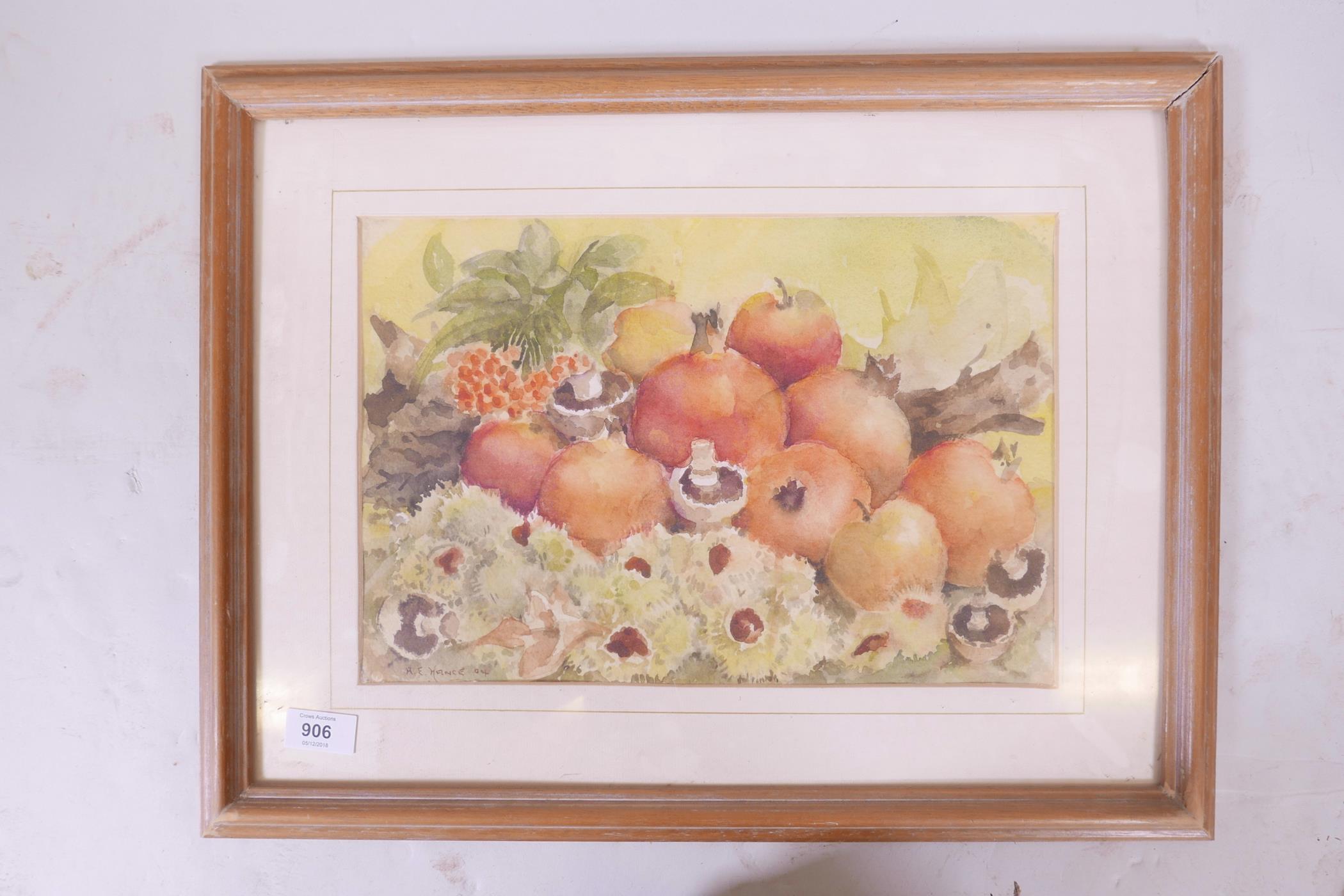 A.E. Hance, watercolour, still life with pomegranates, signed, 14" x 10" - Image 2 of 2