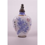 A Chinese blue and white Canton enamelled copper snuff bottle decorated with a warrior and sage, 4