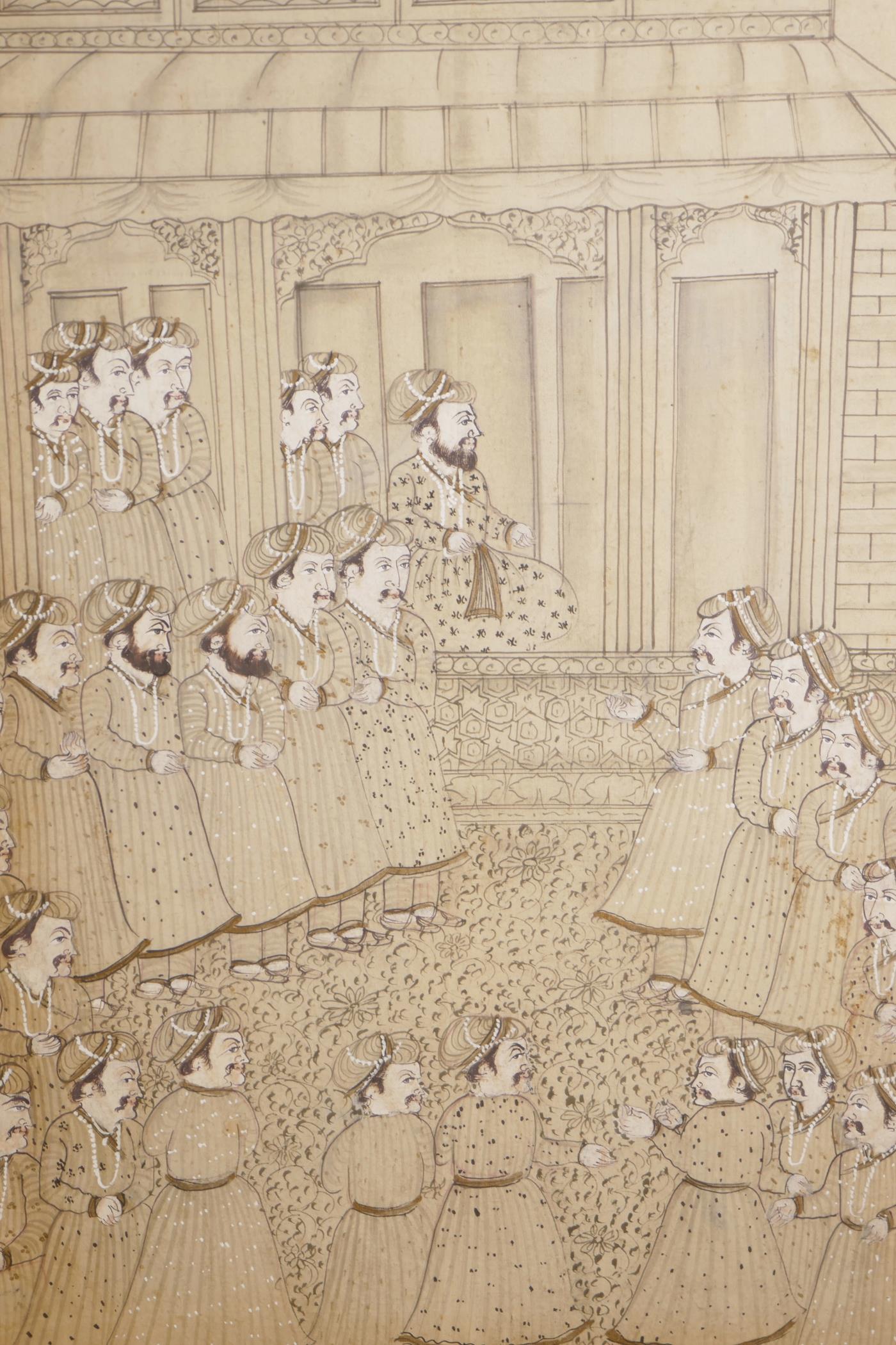 A pair of Indian miniature paintings on silk depicting court scenes, 10" x 15" - Image 3 of 3