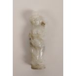 A Chinese carved grey jade pendant in the form of a semi clad woman, 3"