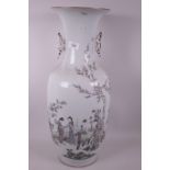 A Chinese Republic famille verte porcelain vase with decoration of women in a garden, inscription