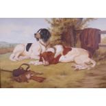 An oil on board, portrait of two hunting dogs with their game, monogrammed, 26½" x 19¾"