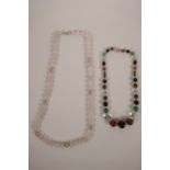 A rose quartz beaded necklace, together with a necklace of assorted hardstone beads, longest 28"