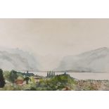A Swiss watercolour landscape, view of Lake Geneva from Vevey, monogrammed MR, attributed on label