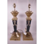 A pair of classical style brass column table lamps, 22" high