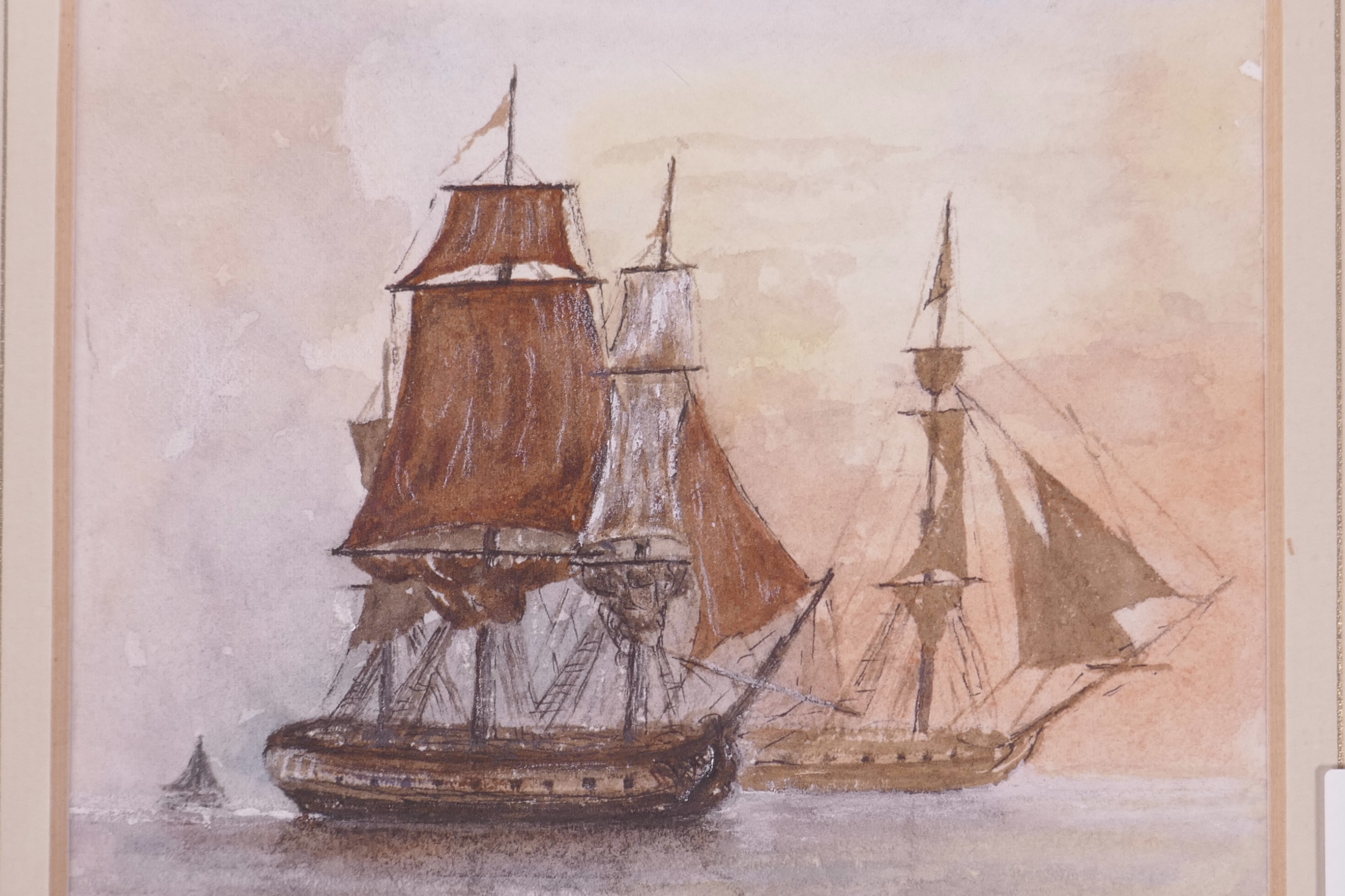 A watercolour, square rigged battleships on a calm sea, signed indistinctly, 6" x 5"