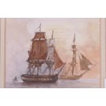A watercolour, square rigged battleships on a calm sea, signed indistinctly, 6" x 5"