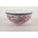 A Chinese blue and white porcelain rice bowl decorated with a puce enamel landscape scene, seal mark