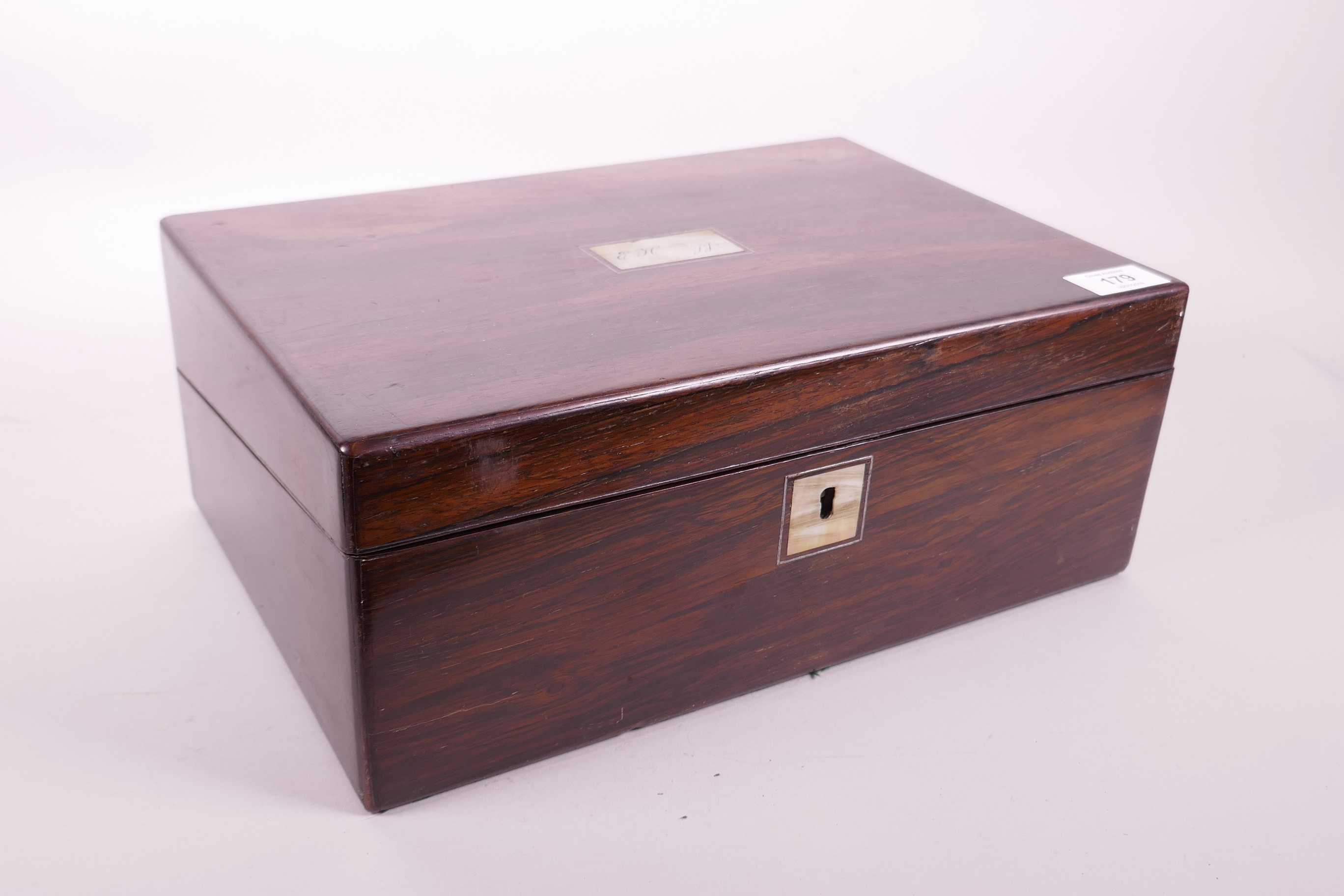 A C19th rosewood writing slope, with mother of pearl plaque to lid, the fitted interior with two - Image 5 of 7