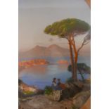 A C19th gouache on paper, Bay of Naples with Vesuvius, signed indistinctly, in an oval frame, 13"