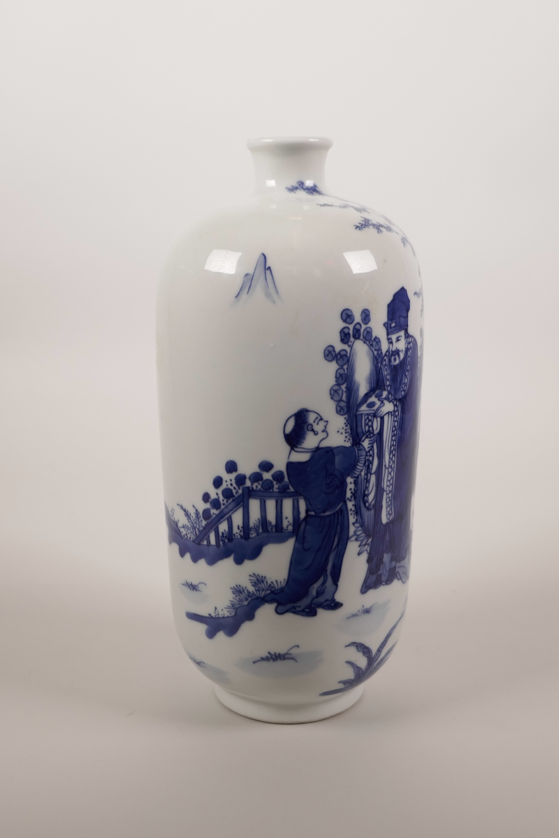 A Chinese blue and white porcelain vase decorated with a sage and his student, 6 character mark to - Image 4 of 5