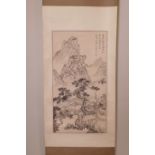 A Chinese monochrome watercolour scroll depicting a riverside landscape with distant mountains,