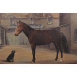 S.L. Bennett, oil on canvas, study of a pony and dog in a stable yard, 18" x 14"