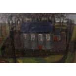 Frith Milward, monogrammed oil on canvas, naive study of a house by a country road, also inscribed