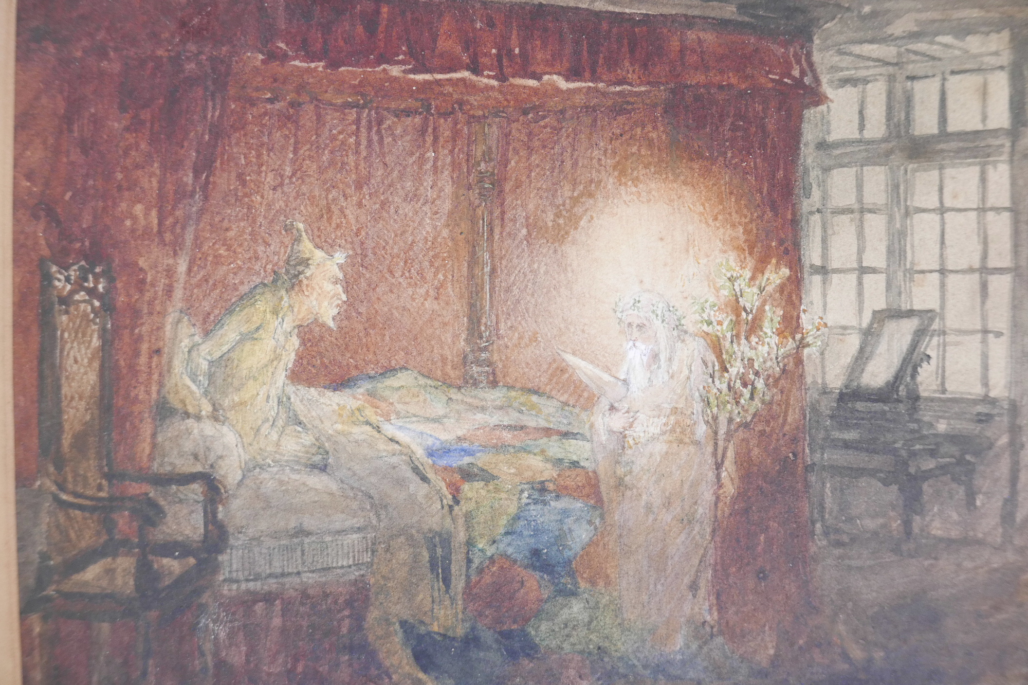 A watercolour, interior, possibly a scene from Dickens, and another by the same hand, signed E.