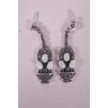 A pair of Art Deco style silver, marcasite and opalite set drop earrings, 2" drop