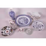 A quantity of Chinese porcelain including blue and white vases, 7" high, 9" plate, small celadon