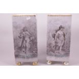 A pair of Continental square section porcelain vases decorated with classical semi-clad females,