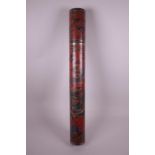 A Chinese red lacquer scroll box with engraved, painted and gilt dragon and phoenix decoration, 25½"