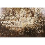 After John Piper, sepia toned oil on board landscape, skyline through trees, 30" x 22½"