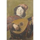 A Dutch style oil on board portrait of a musician, unsigned, with landscape painting verso, 8½" x