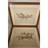 Eugene Pechaubes, pair of signed gouache paintings on lithographic base, horse racing scenes, 21"