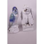 A white glazed porcelain figurine of an owl, 10" high, A/F, and a Naples porcelain lamp, 9½" high