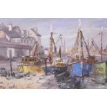 Terry Burke, oil on board, harbour scene (possibly Brixham), together with an H.W. Waters, '59'