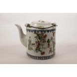 A Chinese famille verte porcelain teapot decorated with women in an interior scene, seal mark to