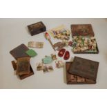 A C19th child's brick game, Mr Punch, knight and dragon card game, a slate and a work box