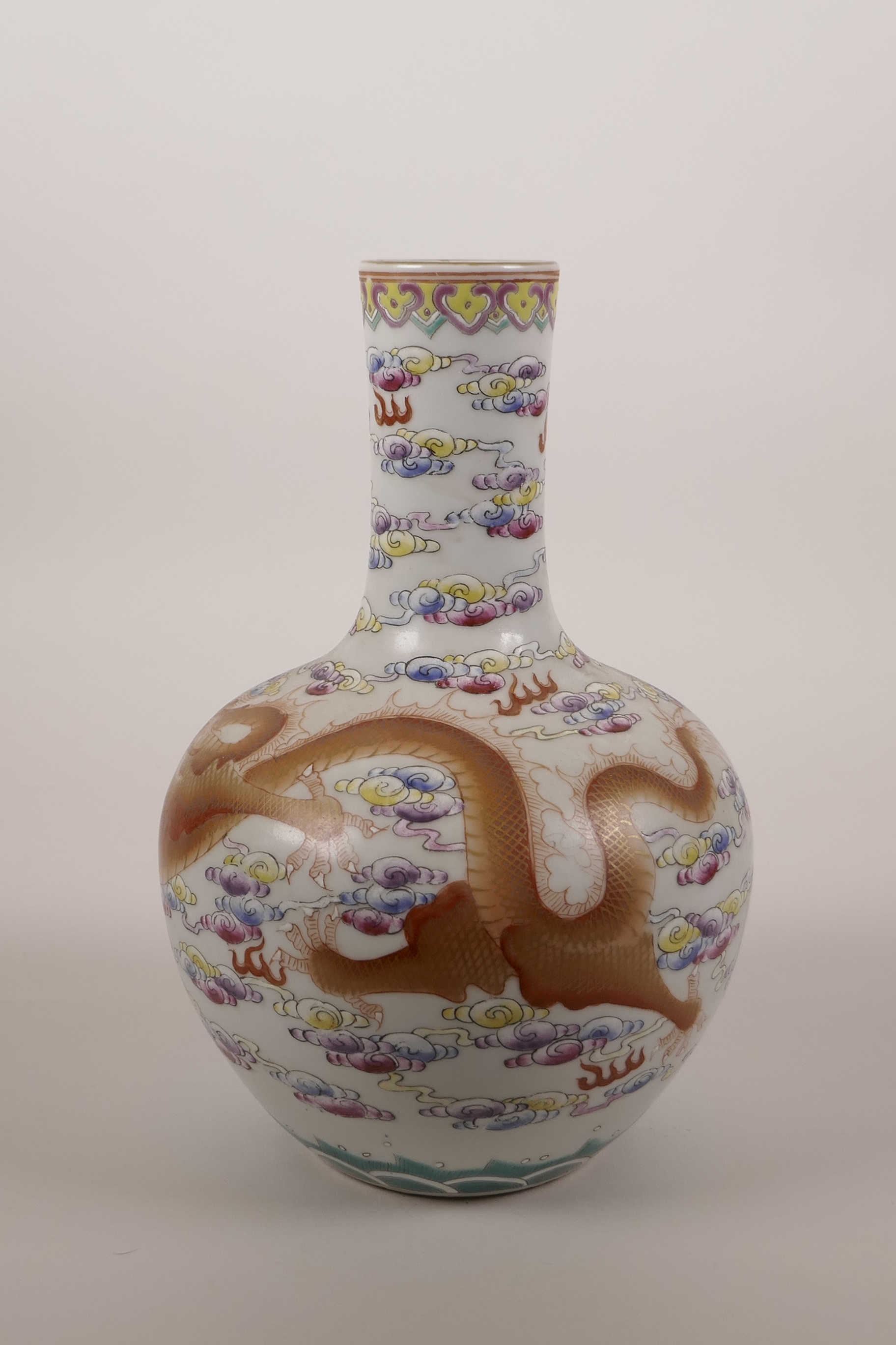 A Chinese polychrome porcelain vase decorated with a red and gilt dragon chasing the flaming - Image 2 of 3