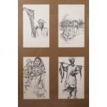 Halela, a collection of framed pen and ink studies of African and Indian figures, 4" x 6"