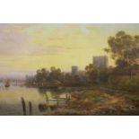 An oil on canvas, extensive river landscape at sunset with distant figures and boats, signed