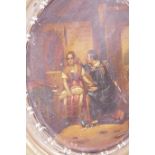 A small oval framed oil on card, interior scene with a seated lady and her kneeling suitor, in a