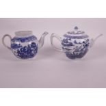Two antique blue and white porcelain teapots decorated with Chinoiserie scenes, A/F, 5" high