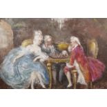 An oil on canvas, interior scene, figures seated at a table playing a board game, signed Caputo,