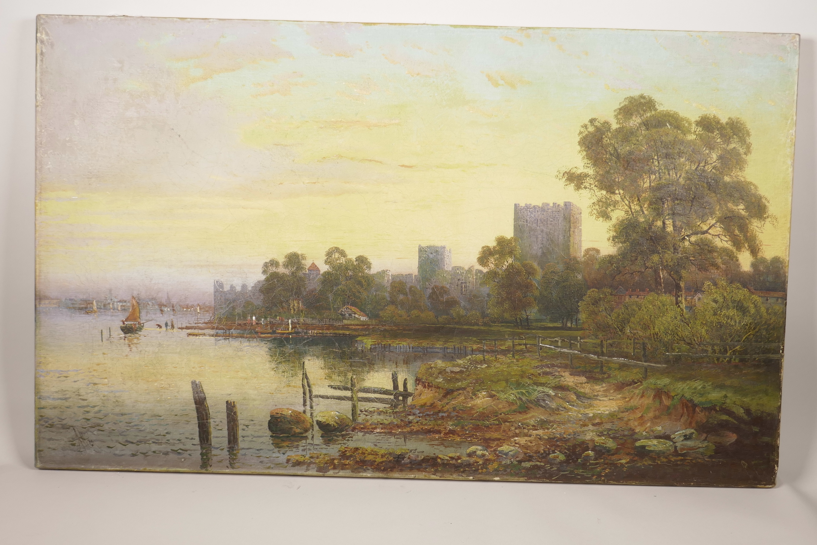 An oil on canvas, extensive river landscape at sunset with distant figures and boats, signed - Image 2 of 4