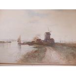 T. Rider, watercolour, landscape with sailing barges and windmills, signed, early C20th, 12" x 10"