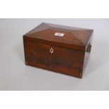 A C19th yew wood veneered workbox with single drawer and brass shell shaped handles, 11" x 8" x 7"