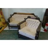 An Indian carved hardwood button back three seater settee with inlaid decoration, and matching