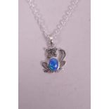 A 925 silver and opalite set pendant necklace in the form of a cat