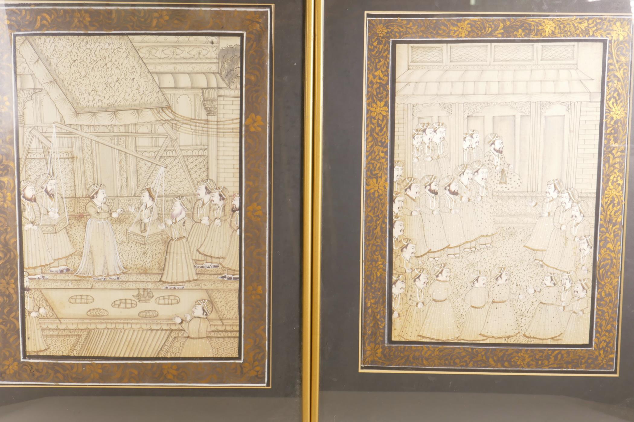 A pair of Indian miniature paintings on silk depicting court scenes, 10" x 15"