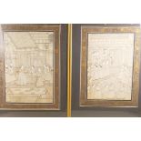 A pair of Indian miniature paintings on silk depicting court scenes, 10" x 15"
