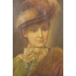 C. d'Este, signed oil on panel, portrait of a young lady in a feathered hat, ornate gilt framed, 8½"